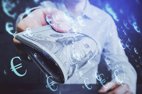 Multi Exposición Gráfico Financiero Dibujo Holograma Billetes Dólares Las Manos — Foto de Stock
