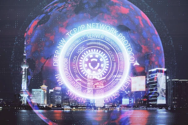 Teknoloji temalı hologramın ve şehrin arka planının iki katına çıkarılması. Yüksek Teknoloji kavramı.