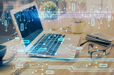 Arkaplanda bilgisayar ve veri teması çizimi olan tablonun çifte pozlandırılması. Yenilik kavramı.