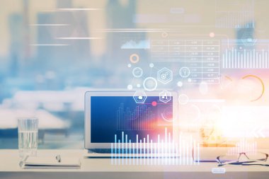 Arkaplanda bilgisayar ve veri temalı çizim tablosu çoklu pozlama. Yenilik kavramı.