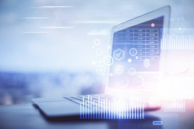 Arka planda bilgisayar ve teknik tema çizimi olan iki kat masaüstü görüntüsü. Büyük veri kavramı.