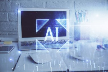 Arka planda kişisel bilgisayarı ve teknik tema çizimi olan iki kat masaüstü görüntüsü. Büyük Veri Kavramı.