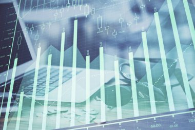 Eski pazar grafiği hologramı ve kişisel bilgisayar geçmişi. Çoklu maruz kalma. Yatırım kavramı.