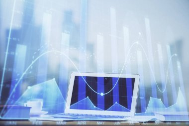 Bilgisayar geçmişi olan eski grafik hologramı. Çoklu maruz kalma. Finans piyasası kavramı.