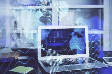 Eski pazar grafiği hologramı ve kişisel bilgisayar geçmişi. Çifte maruziyet. Yatırım kavramı.