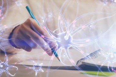 El üstünde tutulan nöron hologramı. Araştırma ve öğrenim kavramı. Çift pozlama
