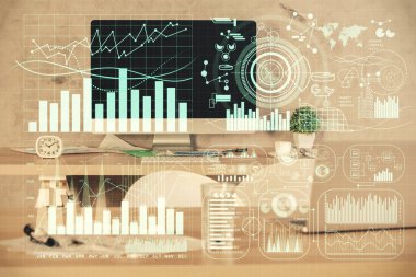 Finansal grafik çizimi ve ofis içi arka planının çoklu pozu. Pazar analizi kavramı.