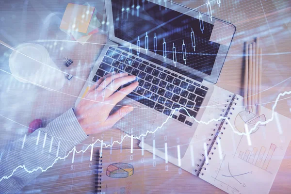 Doble Exposición Las Manos Del Hombre Escribiendo Sobre Teclado Computadora — Foto de Stock