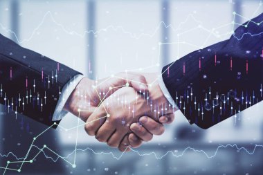 Forx grafik hologramı ve iki adamın el sıkışması. Borsa konsepti.