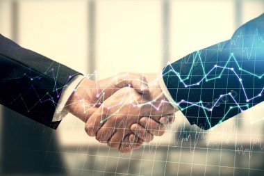 Forx grafik hologramı ve iki adamın el sıkışması. Borsa konsepti.