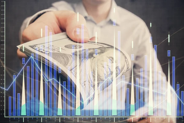 Multi Exponering Finansiella Diagram Rita Hologram Och Usa Dollar Räkningar — Stockfoto