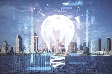Ampul hologram çizimine ve şehir manzarasına çoklu maruz kalma. Fikir kavramı.