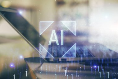 Arka planda bilgisayar ve veri temalı hologram tablosu çift pozlama. Veri teknolojisi kavramı.