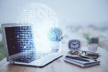 Masaüstü bilgisayarı ve insan beyni hologram çiziyor. Ai kavramı.