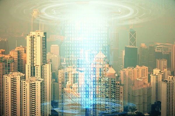 Tema Datos Holograma Dibujo Vista Ciudad Con Rascacielos Fondo Doble — Foto de Stock