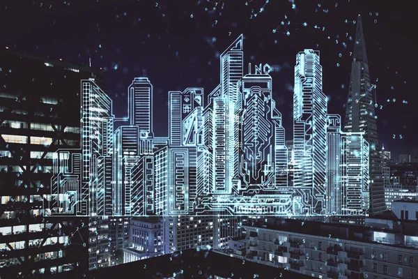 Double Exposure Buildings Hologram Cityscape Background Concept Smart City — Stock Photo, Image