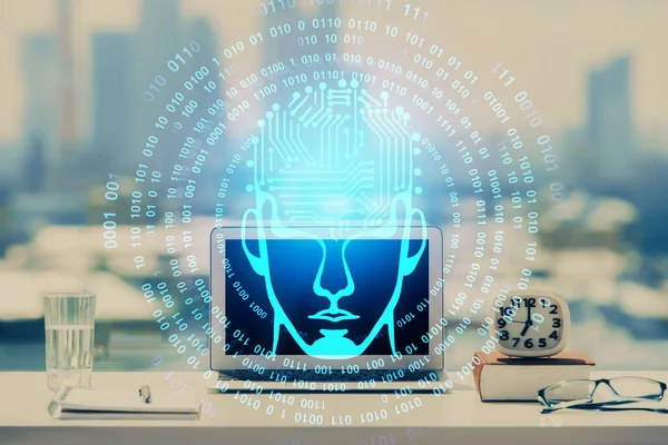 Dupla Exposição Área Trabalho Com Computador Holograma Desenho Cerebral Conceito — Fotografia de Stock
