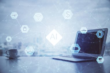 Bilgisayar ve teknoloji temalı holograma çifte maruz kalma. Serbest çalışma kavramı.