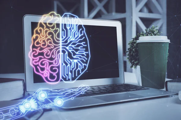 Подвійна Експозиція Робочого Простору Комп Ютером Голограмою Малювання Людського Мозку — стокове фото