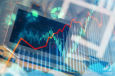 Eski pazar grafiği hologramı ve kişisel bilgisayar geçmişi. Çoklu maruz kalma. Yatırım kavramı.