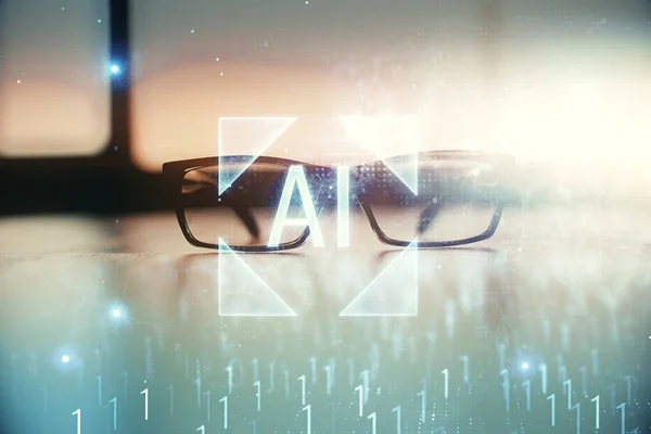 Hologram Technologii Danych Okularami Tle Stołu Koncepcja Technologii Podwójna Ekspozycja — Zdjęcie stockowe