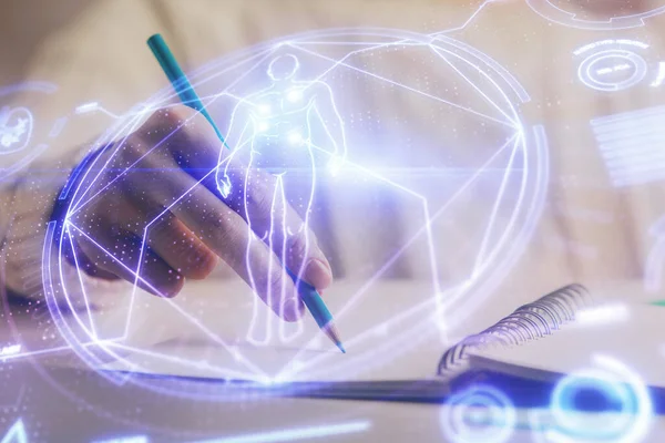 Onderwijs Thema Hologram Handen Van Vrouw Schrijven Achtergrond Concept Van — Stockfoto
