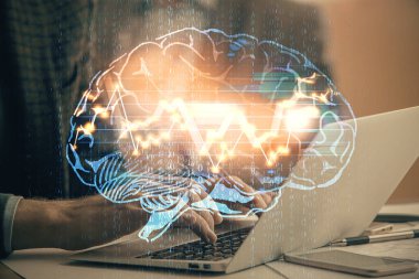 Adam klavyede beyin hologramıyla yazı yazıyor. Büyük Veri Kavramı.