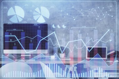 Finansal grafik çizimi ve ofis içi arka planının çoklu pozu. Pazar analizi kavramı.