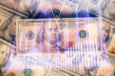 Forx grafiğinin çok sayıda görüntüsü bize dolar banknotları arka planında görünüyor. Finansal başarı piyasası kavramı.