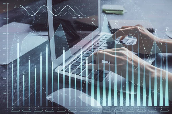 Double Exposure Woman Hands Typing Computer Forex Chart Hologram Drawing — Stock Photo, Image