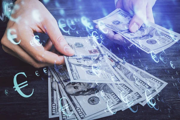 Multi Exponering Finansiella Diagram Rita Hologram Och Usa Dollar Räkningar — Stockfoto