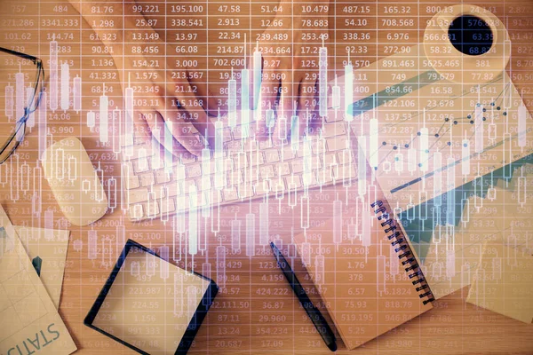 Multi Exposure Man Hands Typing Computer Keyboard Forex Graph Hologram — Stock Photo, Image