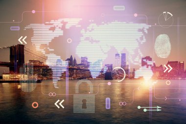 Şehir görünümünde harita ve veri temalı hologram ile gökdelenler arka planda çift pozlama. İş kavramında uluslararası teknoloji.