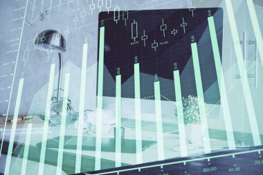 Bilgisayar geçmişi olan eski grafik hologramı. Çoklu maruz kalma. Finans piyasası kavramı.