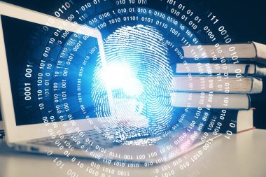 Ofisteki bilgisayarın parmak izi çizimi. Çifte maruziyet. İş veri güvenliği kavramı.