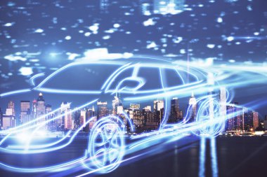 Ulaşım temalı hologram çizimi ve şehir manzaralı arka plan çifte pozlama. Otomatik pilotu kabul et.