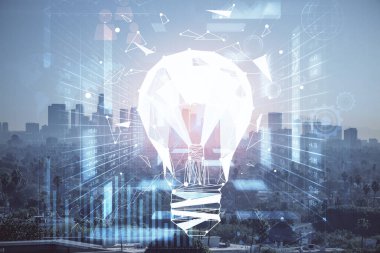 Ampul hologram çizimine ve şehir manzarasına çoklu maruz kalma. Fikir kavramı.