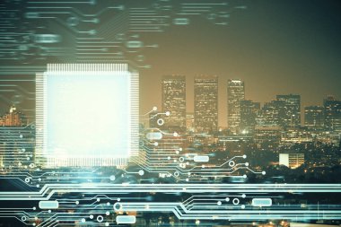 Veri temalı hologram gökdelenler arka planda çoklu pozlama ile şehir görünümüne çizim yapıyor. Ai kavramı.