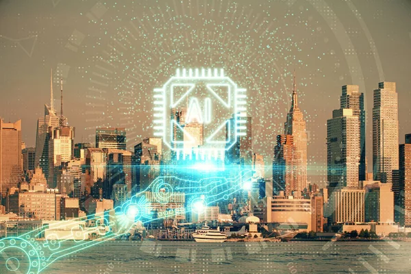 Data theme hologram drawing on city view with skyscrapers background double exposure. Technology concept.