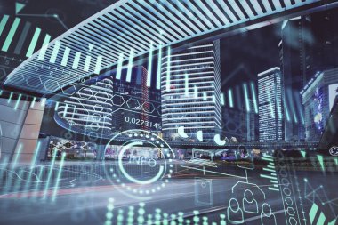 Teknoloji temalı hologramın ve şehrin arka planının iki katına çıkarılması. Yüksek Teknoloji kavramı.