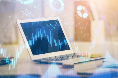 Bilgisayar geçmişi olan eski grafik hologramı. Çoklu maruz kalma. Finans piyasası kavramı.