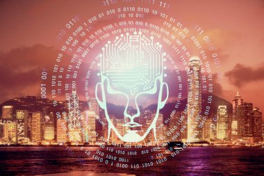 Şehrin arka planına beyin hologramı çizimi. Çifte maruz kalma. Beyin fırtınası konsepti.