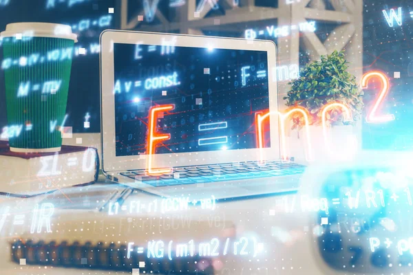 Desktop Computer Achtergrond Formule Hologram Schrijven Dubbele Belichting Onderwijsconcept — Stockfoto