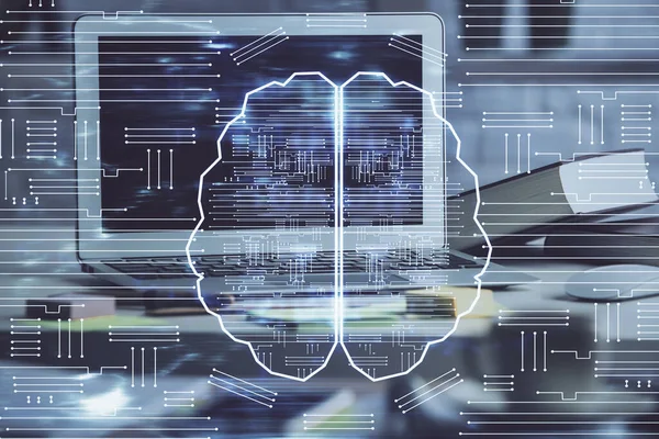 Doble Exposición Del Espacio Trabajo Con Holograma Dibujo Computadora Cerebro —  Fotos de Stock