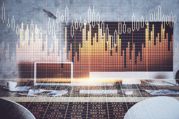 Multi exposure of chart and financial info and work space with computer background. Concept of international online trading.