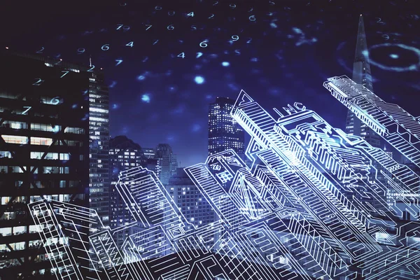 Double Exposure Buildings Hologram Cityscape Background Concept Smart City — Stock Photo, Image