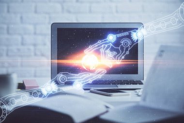 Masaüstü bilgisayar ve teknoloji temalı holograma çoklu maruz kalma. Yazılım geliştirme kavramı.