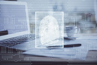Ofisteki bilgisayarın parmak izi çizimi. Çifte maruziyet. İş veri güvenliği kavramı.