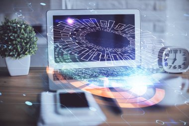 Arka planda bilgisayar ve teknik tema çizimi olan iki kat masaüstü görüntüsü. Büyük veri kavramı.