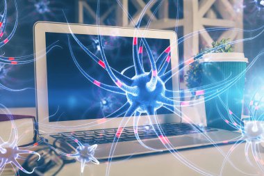 Masaüstü bilgisayar arkaplanı ve nöron çizimi. Çifte maruziyet. Eğitim kavramı.